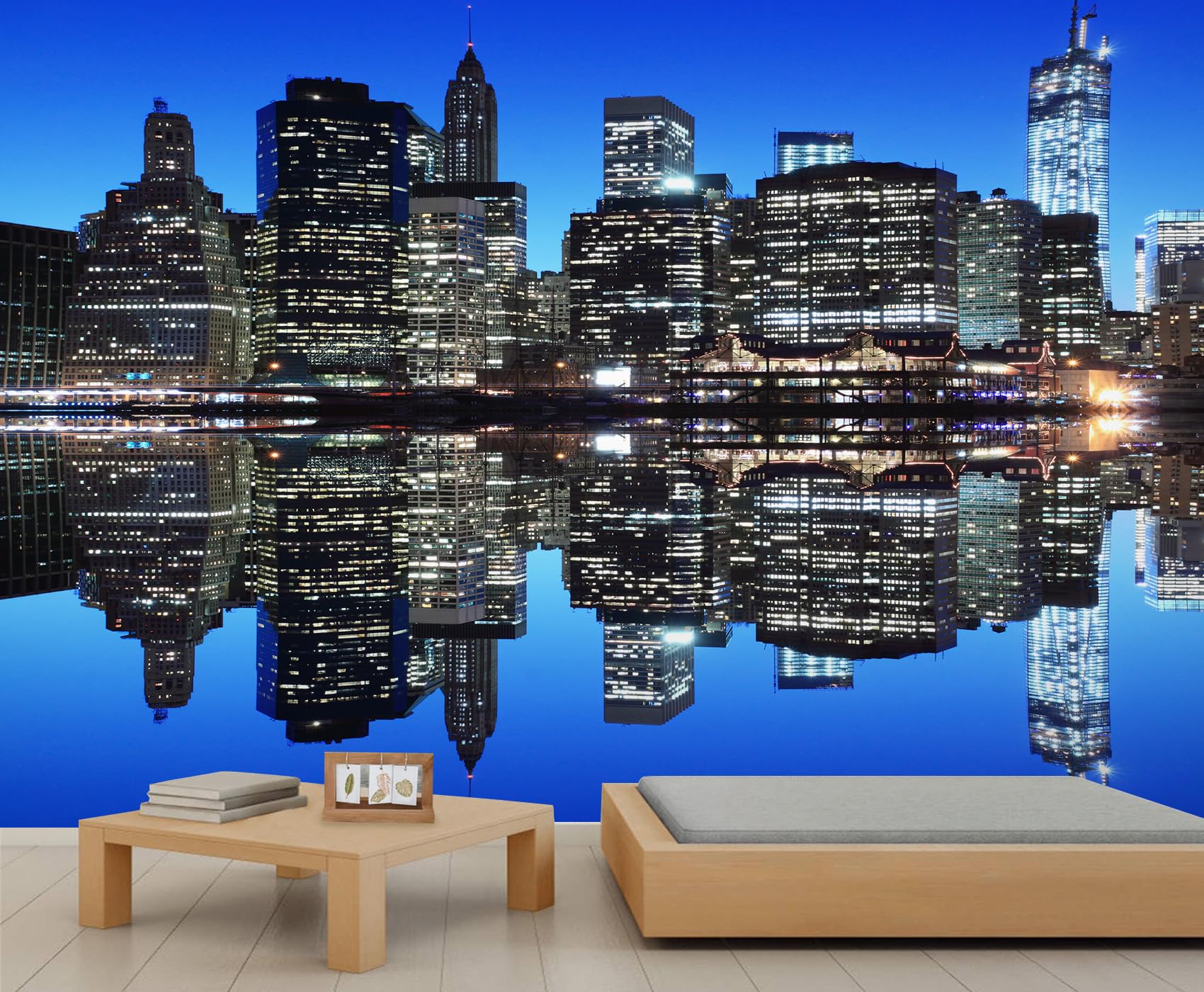City Night Scene Wall Murals New York City Murals Water Reflection Decoration Black and White Architectural Wallpaper for Bedroom Office Kitchen Laundry Rooms 400 x 280 cm