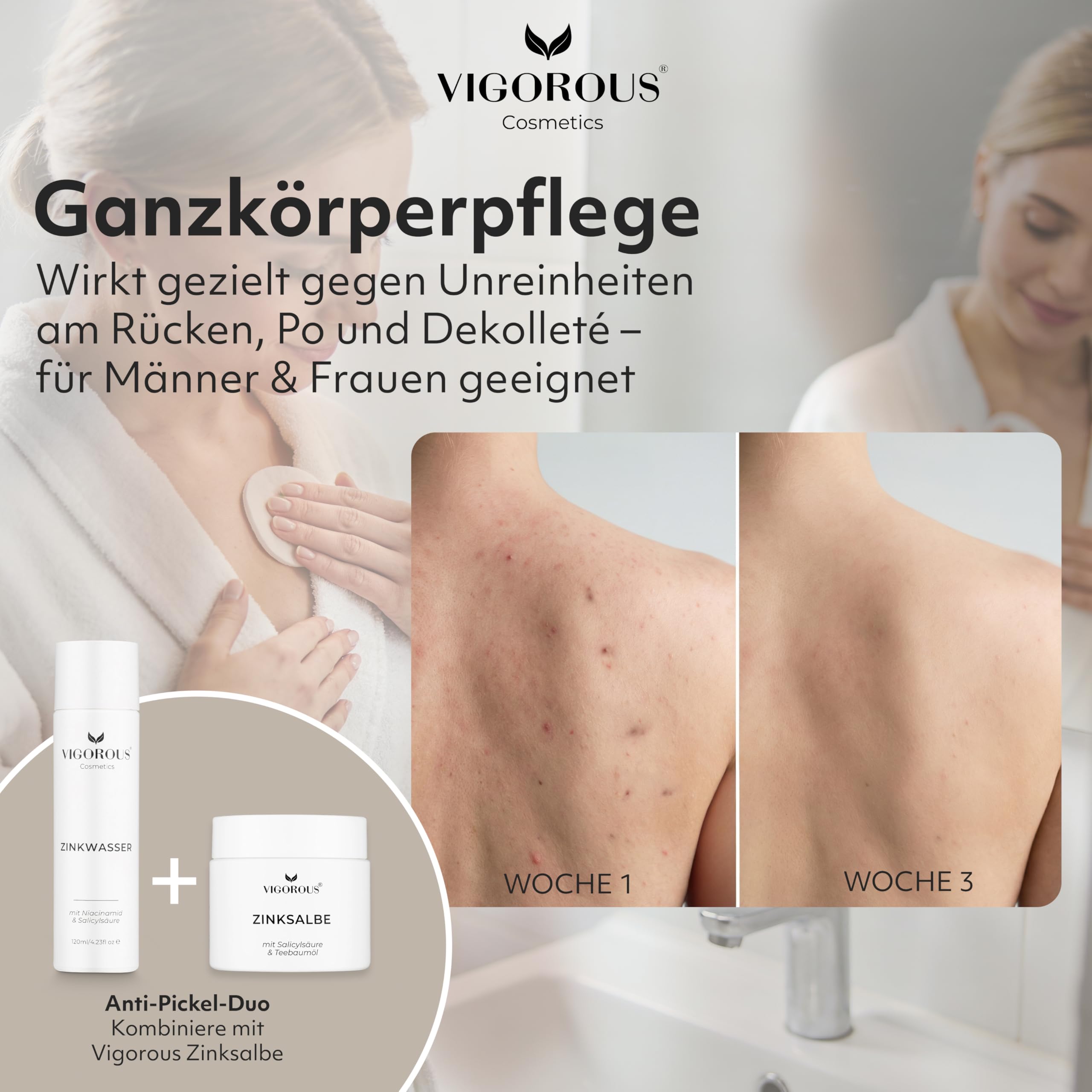 VIGOROUS® Zink Gesichtswasser 120ml anti Pickel Gesichtsreinigung Männer & Frauen- Salicylsäure & Niacinamide face cleanser gegen unreine Haut Gesicht - Vegan gegen Pickel im Gesicht & hormonelle Akne