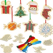 Blulu Christmas Wooden Decoration Cross Stitch Set Wooden Sewing Cross Stitch Including Star Snowflake for Arts Wooden Crafts Christmas Decorations Various Patterns (Pack of 12)