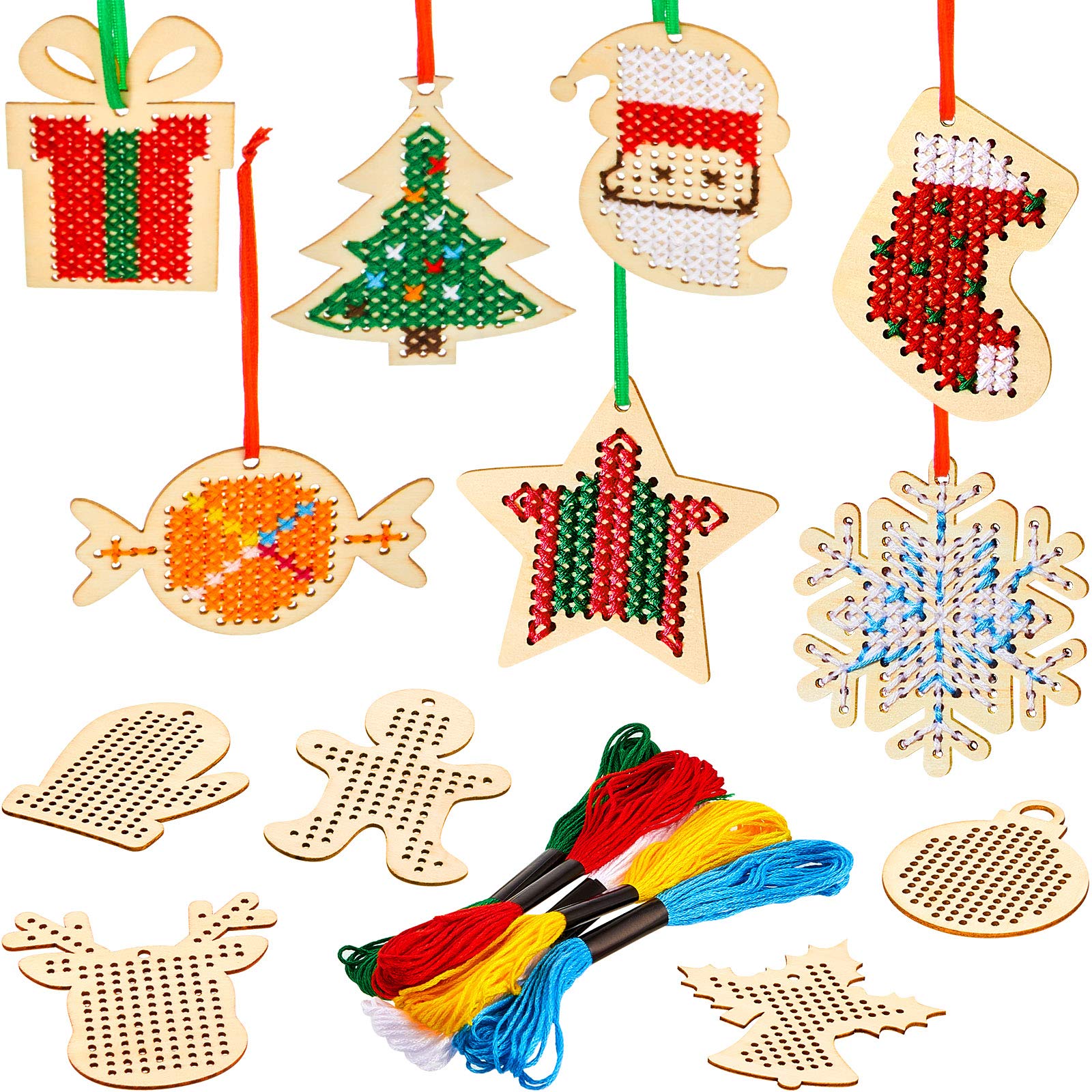 Blulu 12 Pieces Wooden Christmas Cross-Stitch Kits, Include Star Snowflake for Arts & Crafts, Assorted Patterns (Lovely Style)