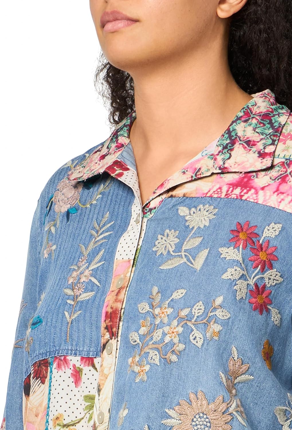 john mark Womens Embroidered Patch Mix Media Button Front with Long Sleeves