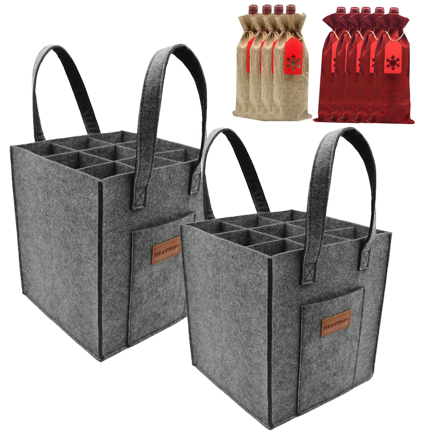 Heavyoff 2 Pack Wine Bottle Carrier Felt Wine Holder Bag with Removable Divider 9 Bottles for Travel Party Holiday