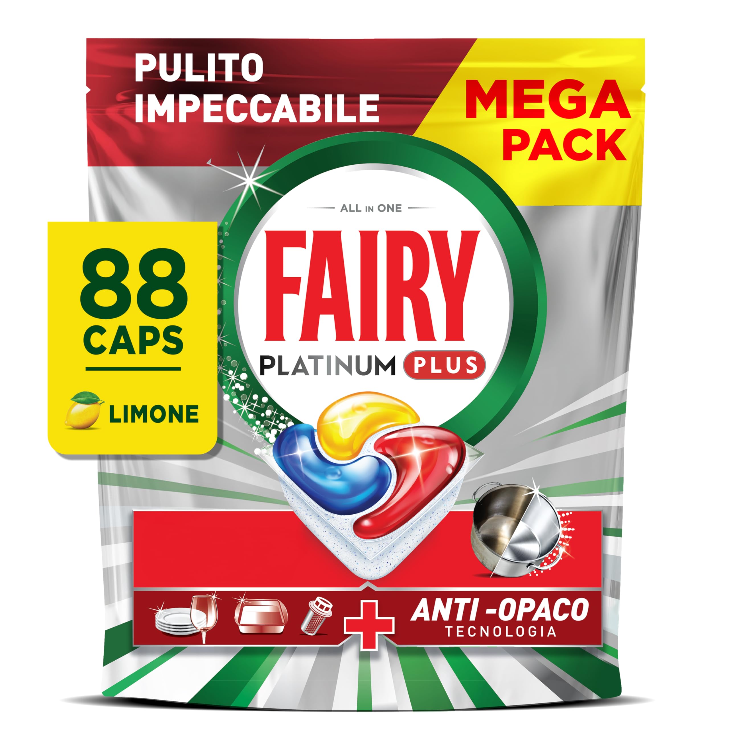 Fairy Platinum Detersivo Pastiglie Lavastoviglie Plus, Brillantante, 88 Capsule, Limone, Tecnologia Anti-Opaco, Contro Il Grasso e le Incrostazioni Ostinate Anche Nei Cicli Brevi