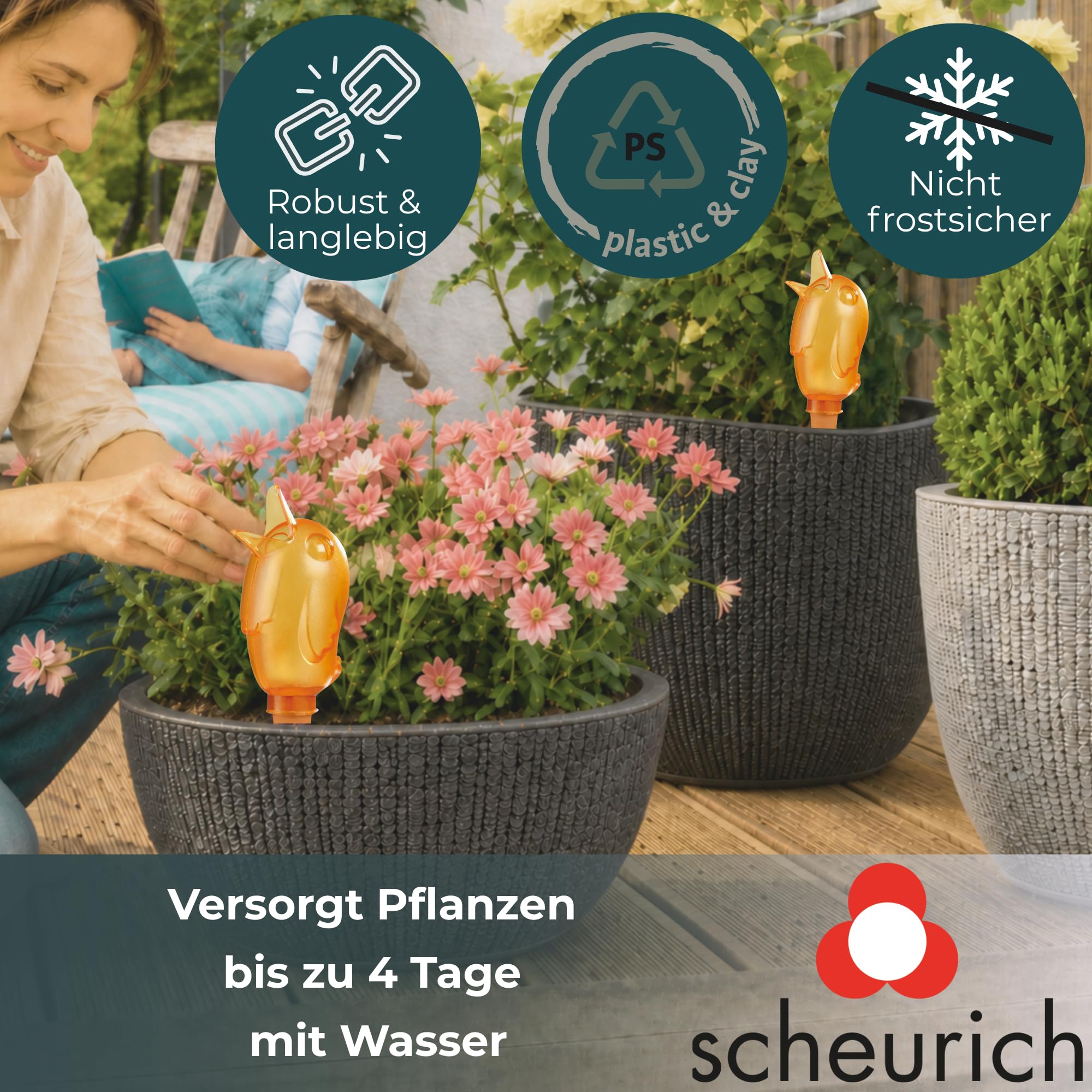 Scheurich Wasserspender Bördy M | 16 x Orange | 220ml Füllmenge | Bewässerungskugel klein mit Ton Fuß | Wasserspender Pflanzen und Blumen Terrakotta Stiel