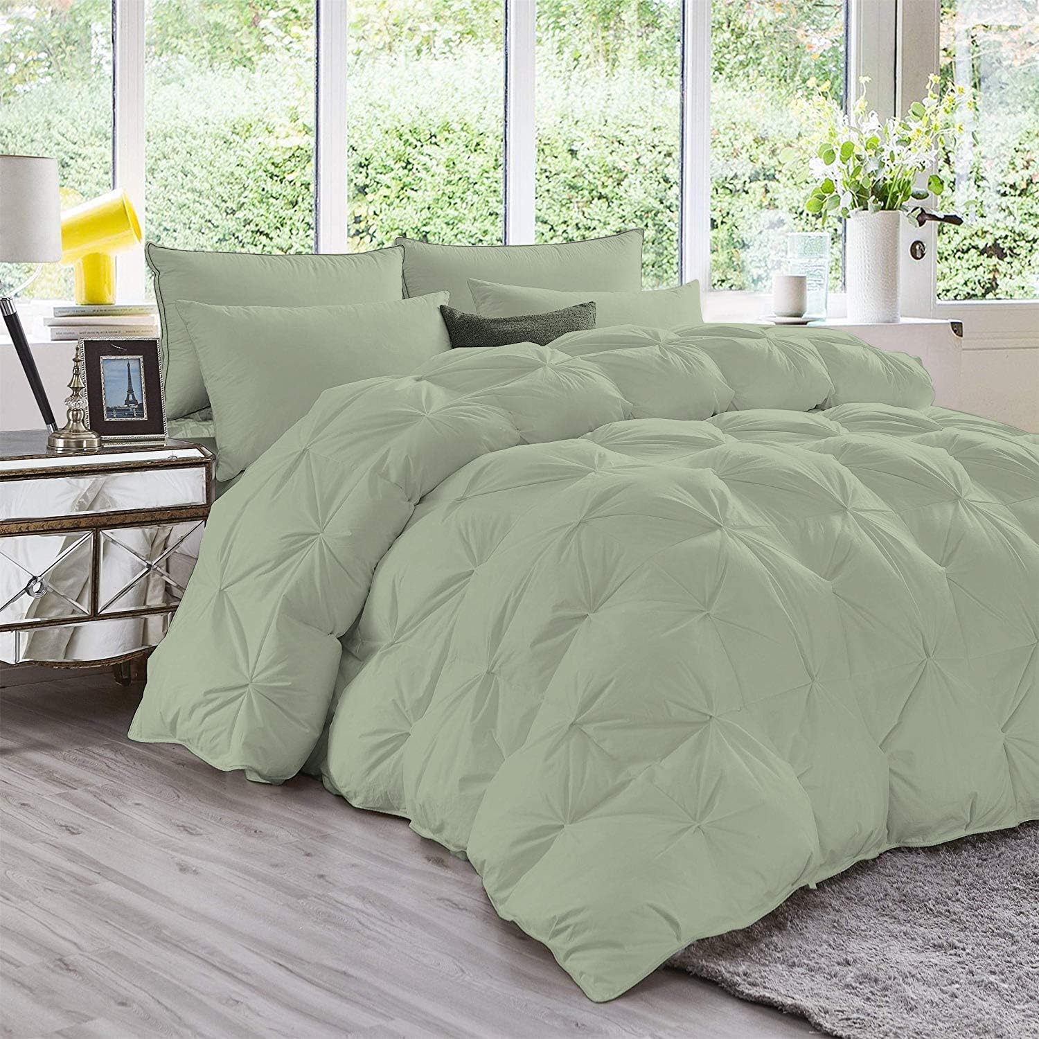All-Season 5 Piece Quiled Twin-XL (68'' x 90'') Pinch Pleated Twin-XL (68'' x 90'') Comforter Set Egyptian Cotton Sage Green