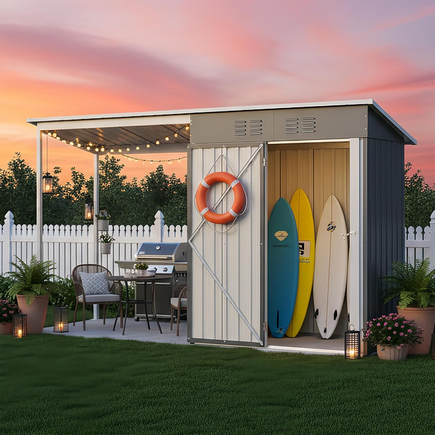 5x3 FT Outdoor Storage Shed & Gazebo Combo, Lean to Metal Tool Shed with Open Pergola for Backyard, Patio, Lawn (Gray)