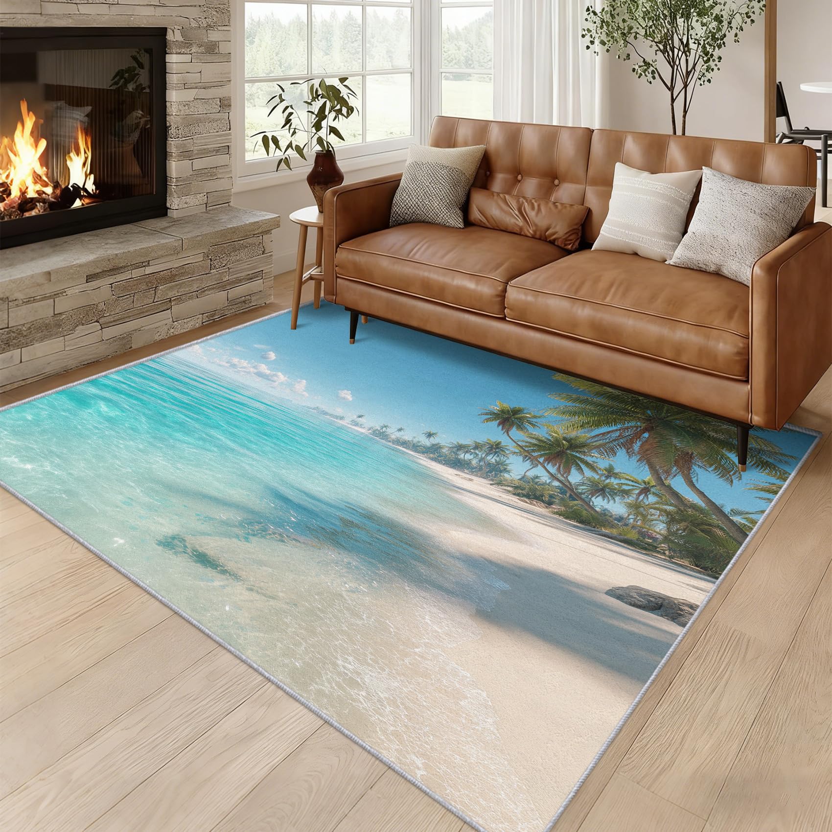Generisch Tropischer Strand Teppich Wohnzimmer Schlafzimmer, Kurzflor rutschfest Küsten Meer Deko Teppich, Weich Waschbare Teppiche Gegend, 120x160 cm QAZ64