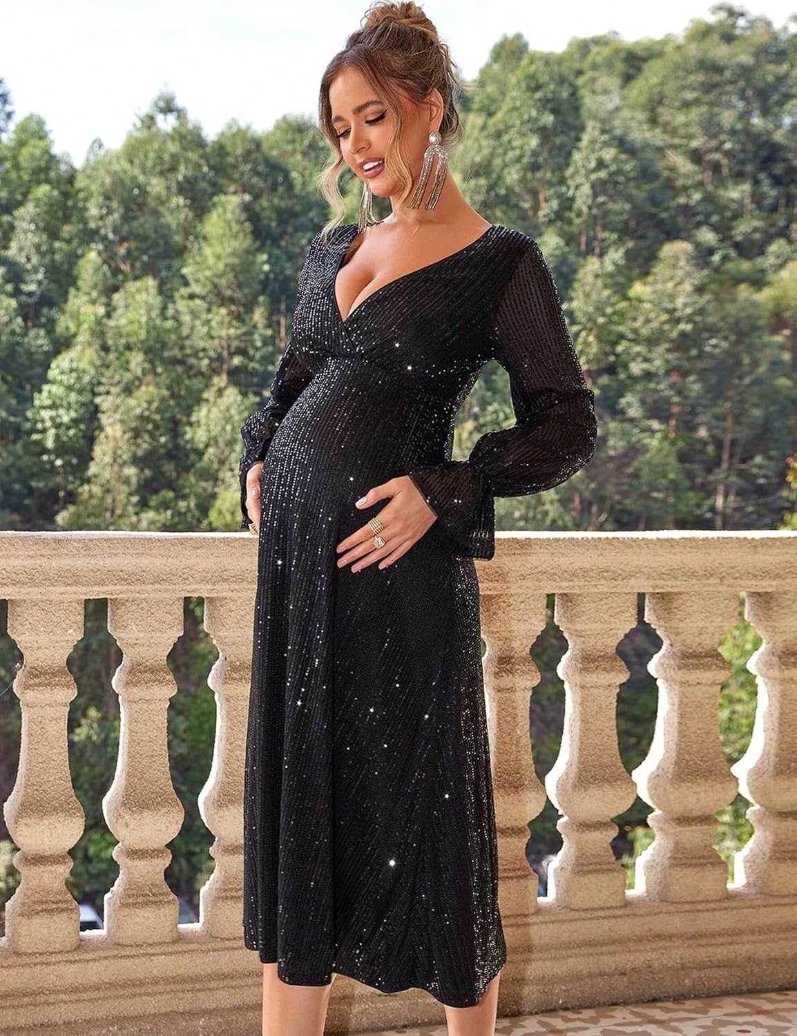 Wrap V Neck Sequin Maternity Midi Dress for Wedding Guest Bridesmaid Events