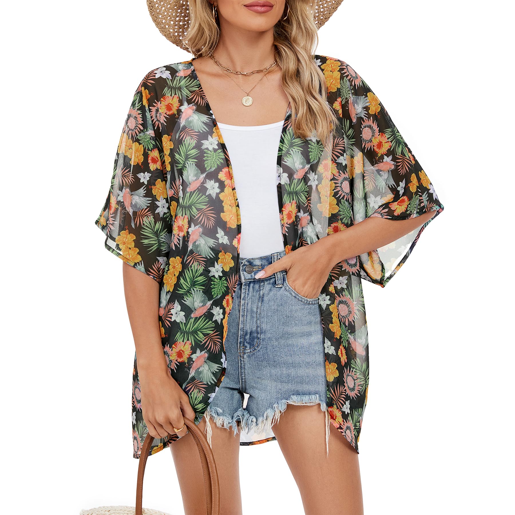 Zando Womens Floral Kimono Cover Ups Short Sleeve Kimono Cardigans Casual Shawl Cardigan Loose Open Front Kimono Tops