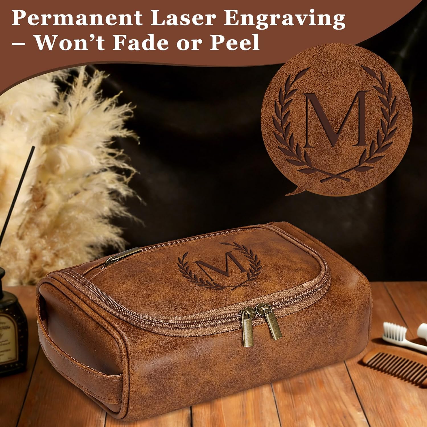 Personalized Toiletry Bag Fathers Day Birthday Gifts for Men Dad Husband, Laser-Engraved Initial Waterproof PU Leather Toiletry Organizer Dopp Kit Shaving Bag Travel Essential Light Brown J