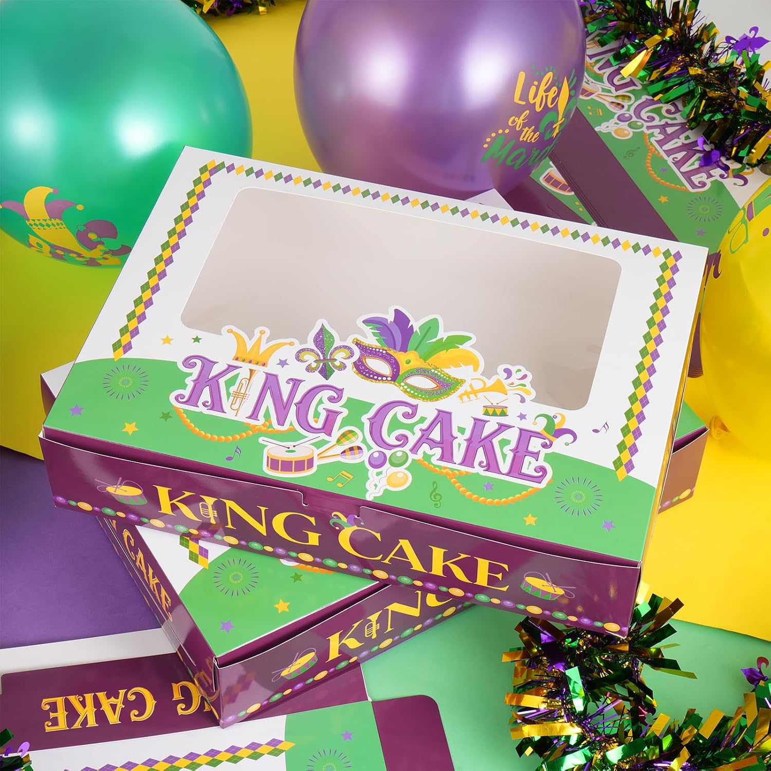 24 Pieces Mardi Gras King Cake Cookie Boxes with Window 13.9 x 10x 3 Inch Cake Box Rectangle Cake Box Masquerade Party Goodie Gable Boxes for Mardi Gras Wedding Party Decorating Favor