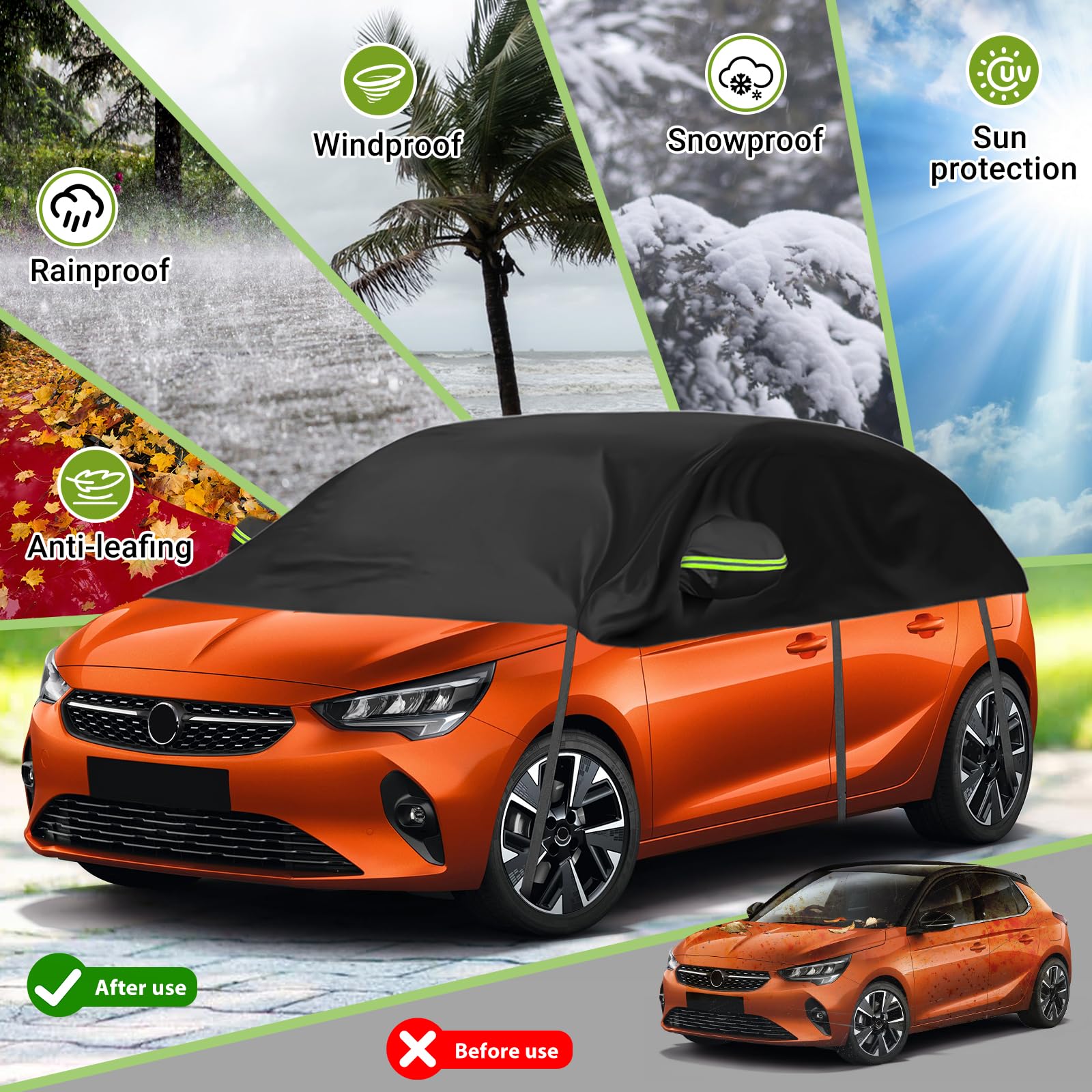 Housse de Voiture Remplacement pour Opel Corsa D Renault Clio, Universelle Demi-Housse de Voiture Résistante au Soleil, Demi-Bâche de Garage Résistante Aux UV pour Extérieur et Intérieur | Demi-garage imperméable et résistant aux UV, à la poussière et à l