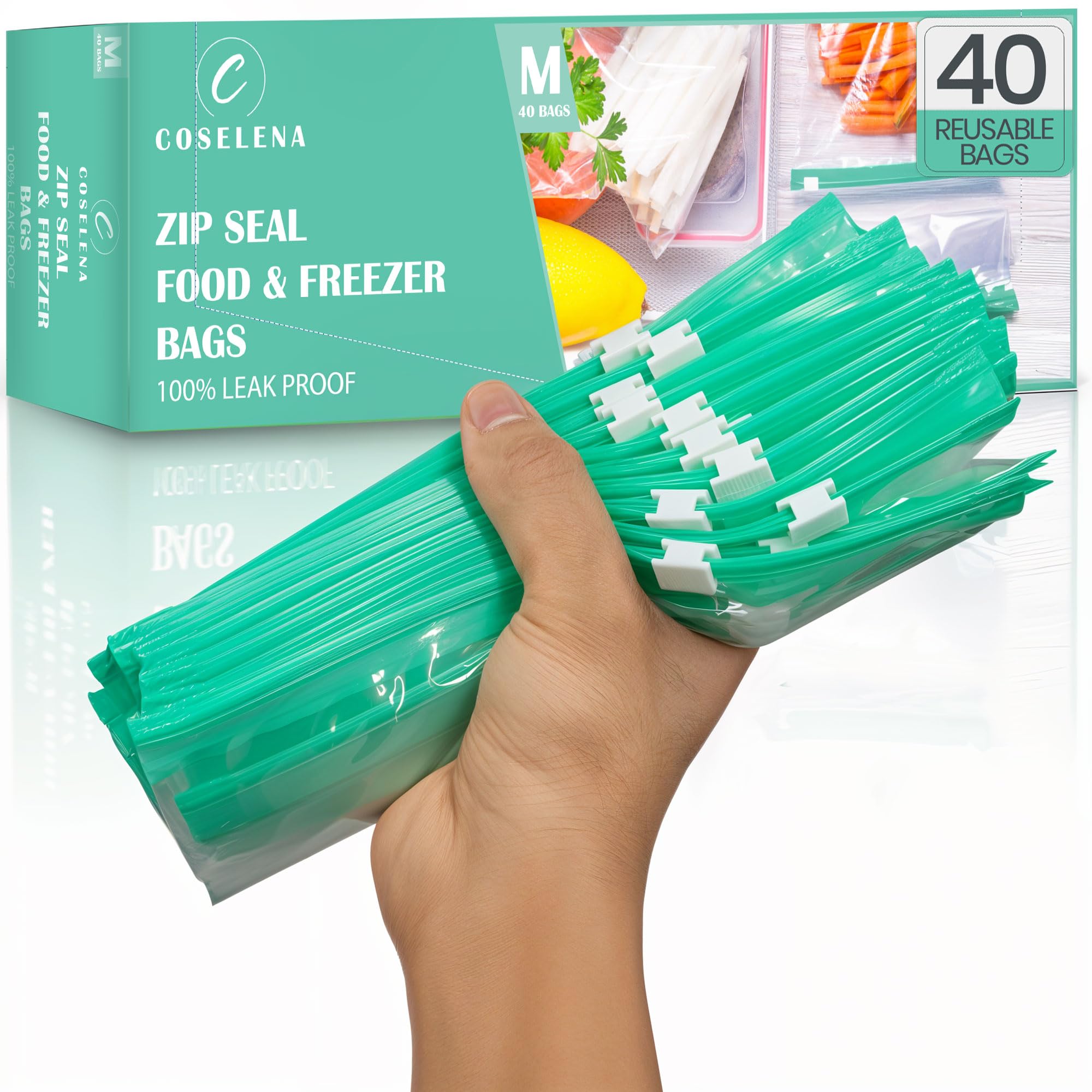 40 PCS Freezer Bags - Zip Lock Bags Half Gallon (2.27L)- Airtight Slider Reusable Freezer Bag, Durable & Leak-Proof Zip Lock Food Storage, Large Ziplock w/Expandable Bottom