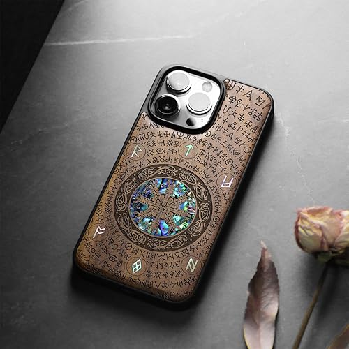 Miniatura 4 de Carveit Funda protectora de madera de diseñador para iPhone 13 Pro, cubierta magnética, grabado de madera e incrustaciones de concha, funda de