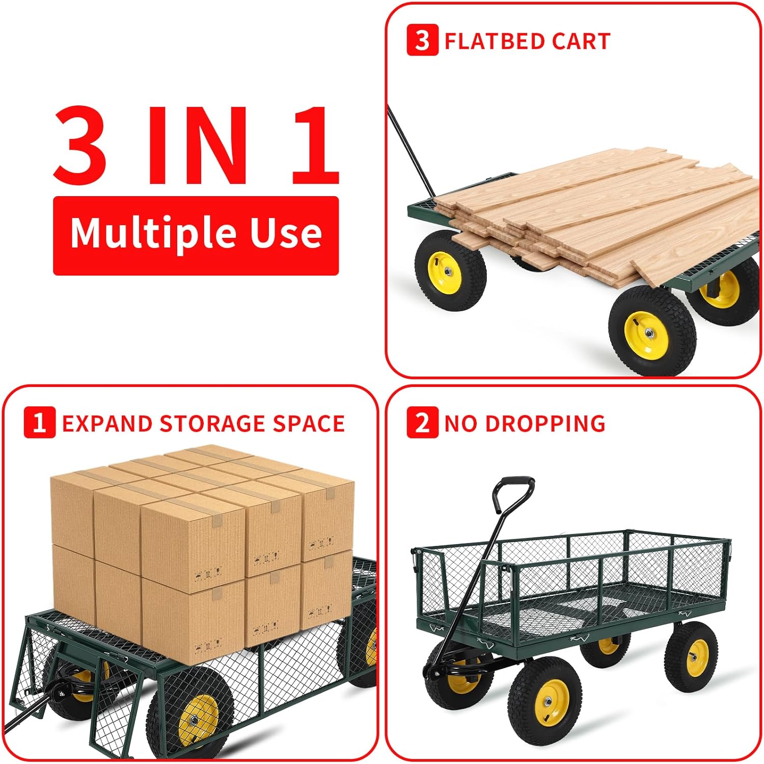 GarveeLife Garden Cart on Wheels 1100 LBS Capacity, Heavy Duty Full Steel Utility Wagon, Versatile Flatbed Carts with Removable Mesh Sides, 180° Rotating Handle, Fit for Outdoor Garden, Lawn, Yard