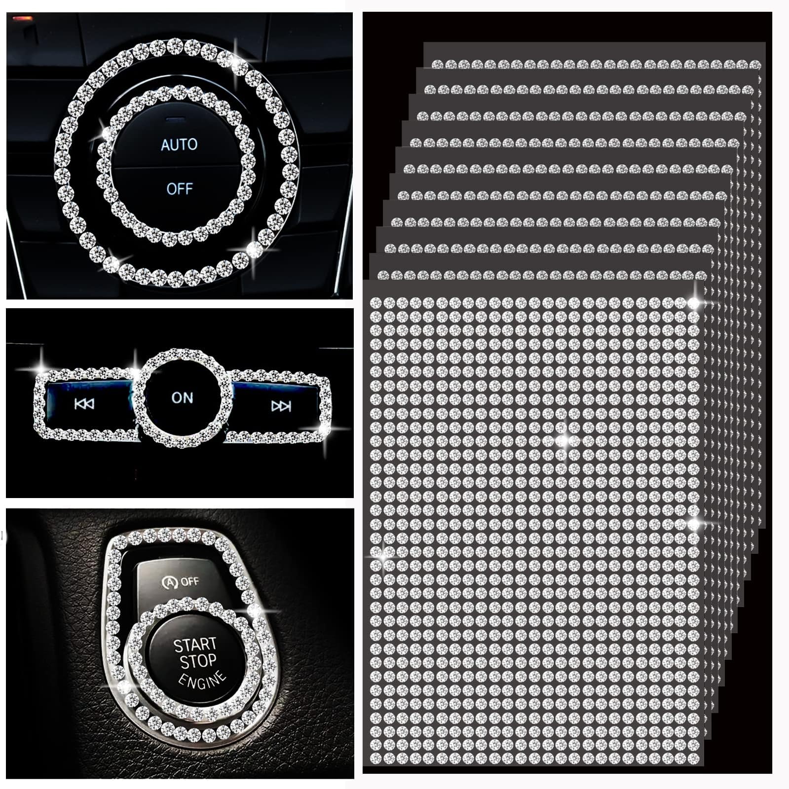 10 Sheets 8500 Bling Car Decorations - DIY Rhinestones Stickers, Self-Adhesive, Suitable for Decorating Various Women's Car Accessories (Silver)
