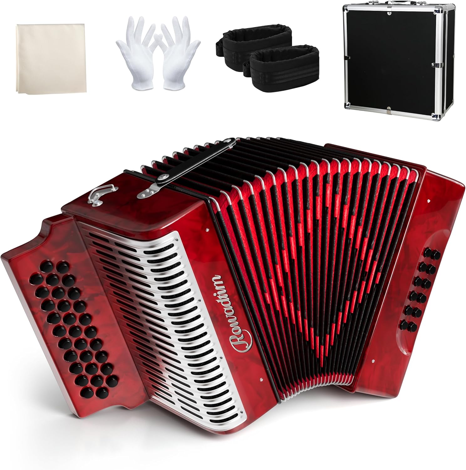 Accordion - 31 Key Diatonic, 12 Bass Buttons (G/C/F Tuning), Push-Pull Isochord Design, Beginner-Friendly Adult Set with Case, Gloves & Cleaning Wipes (red)
