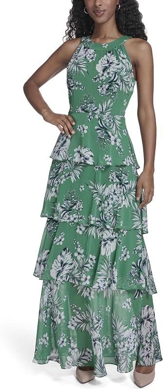 Tommy Hilfiger Women's Sleeveless Halter Neck Tiered Skirt Maxi Dress