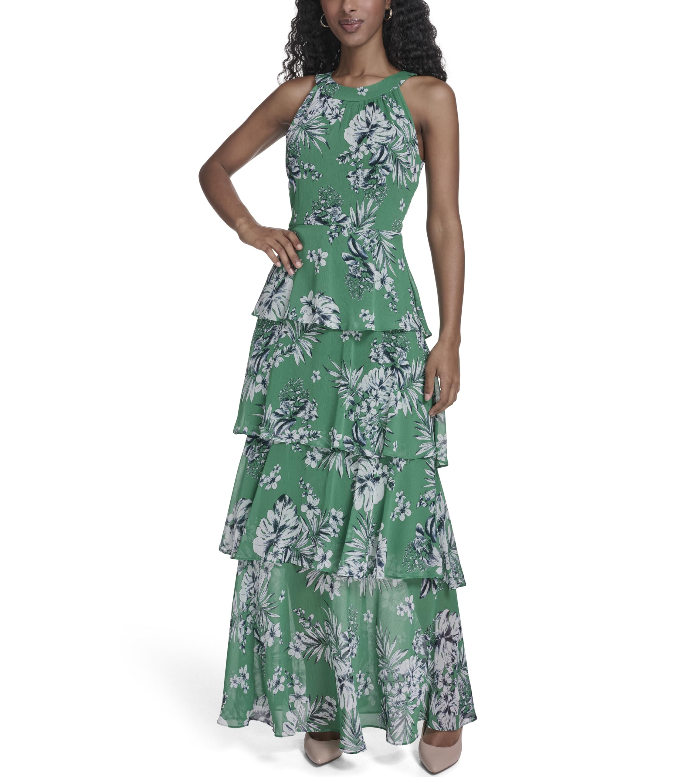 Women's Sleeveless Halter Neck Tiered Skirt Maxi Dress