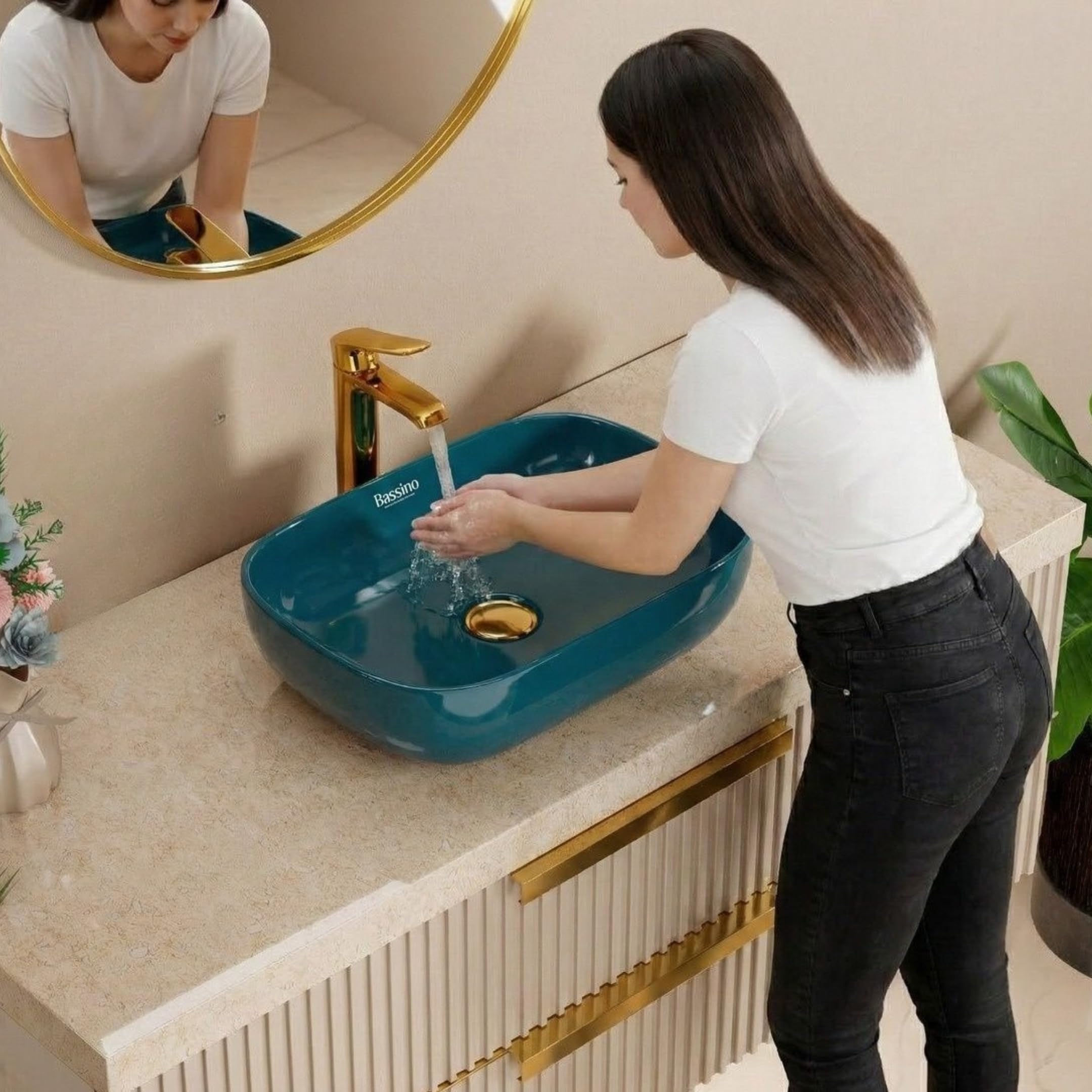 BASSINO 18x13x5.5 Inches Ceramic Counter Top Wash Basin/10 Years Glazing Warranty/Teal-Blue Basin for Bathroom/Rectangular Shape Tabletop Washbasin for Restaurant/Dining Hall/Living Room(Glossy)