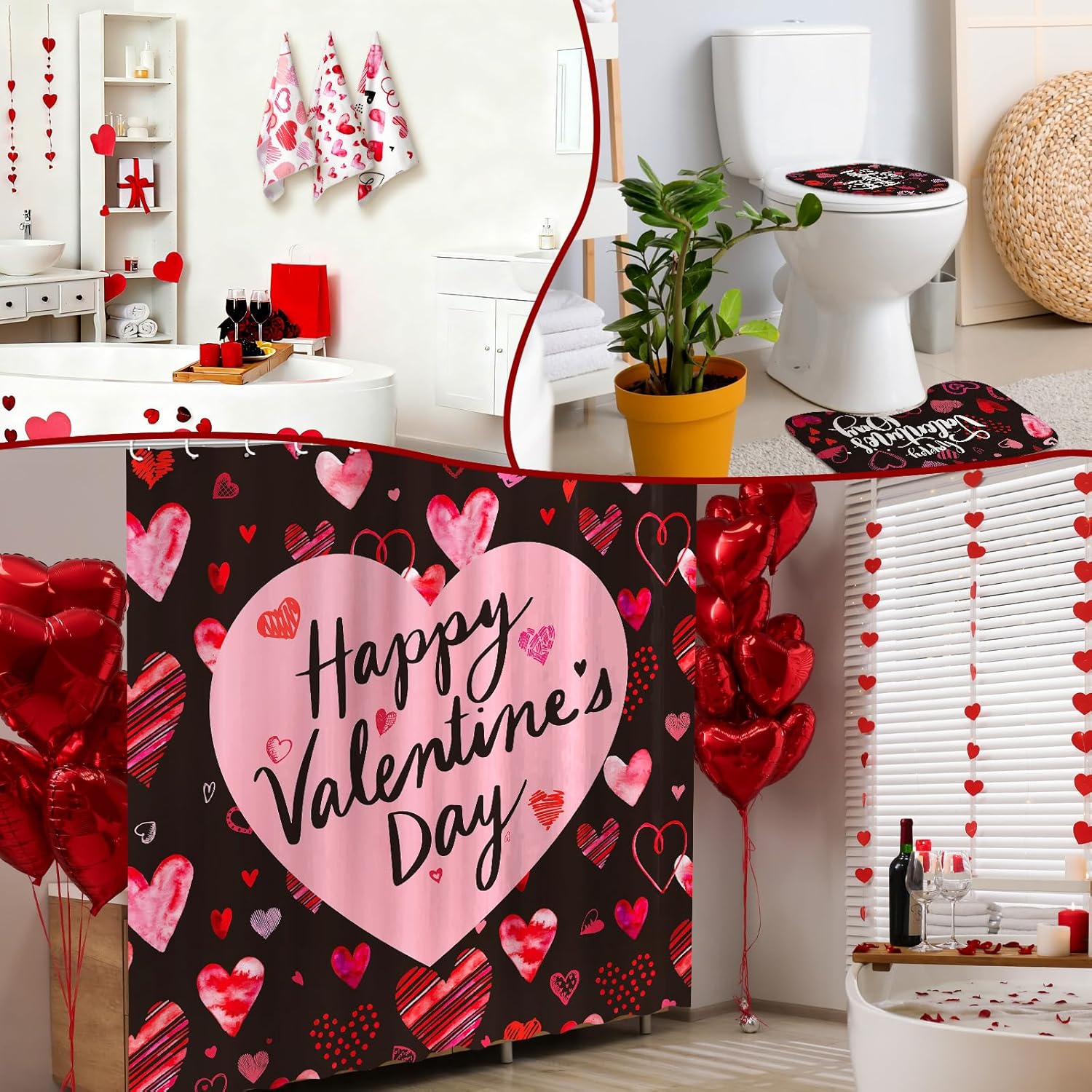 Newwiee 7 Pcs Valentine Shower Curtain Set for Bathroom Sweet Heart Bathroom Sets with 3 Towels Happy Valentine Shower Curtain Nonslip Rugs Toilet Lid Cover Bath Mat(Arrow)