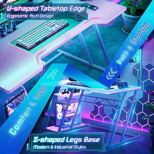 Miniatura 7 de Armocity Escritorio para computadora de juegos con tomas de corriente, escritorio para juegos con gabinete y luces LED, escritorio reversible para