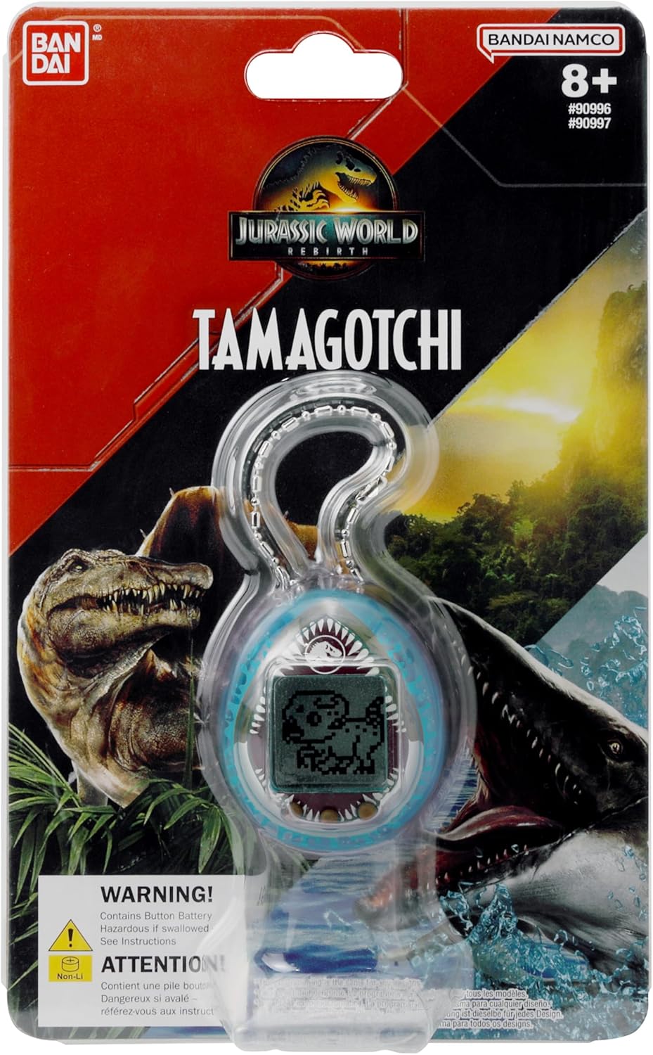 Tamagotchi Nano x Jurassic World Rebirth Mosasaurus en embalaje