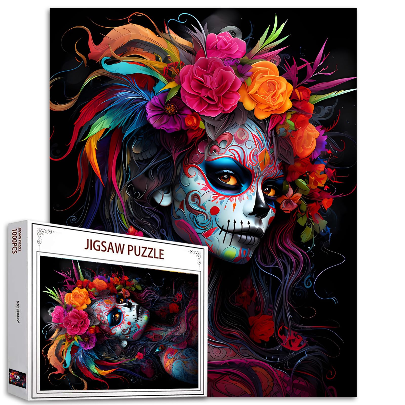 Sugar Skull Woman Portrait Jigsaw Puzzle 1000 Pieces Puzzles for Adults, Graffiti Women Halloween Jigsaw Puzzles for Challenging Family Activity Games