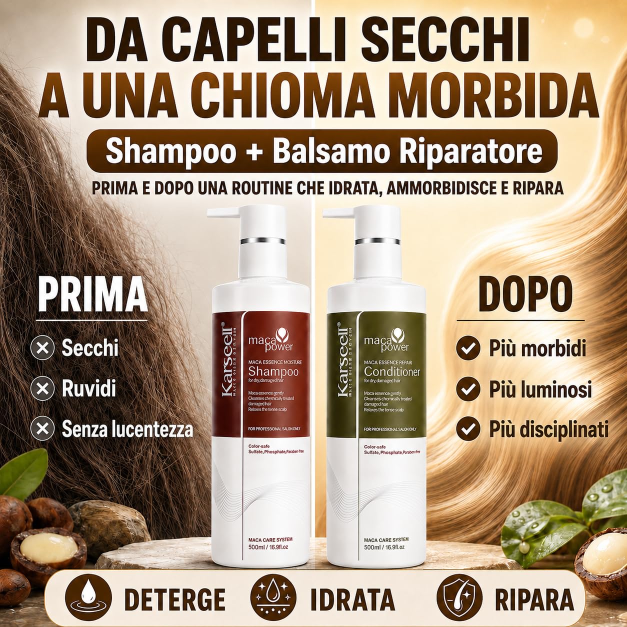 Karseell MACA CARE SYSTEM Set Shampoo Idratante + Balsamo Riparatore Capelli Secchi Danneggiati Colorati Ricci Lisciati Nutriente Anticrespo Collagene Argan Maca Professionale Senza Solfati 2x500ml
