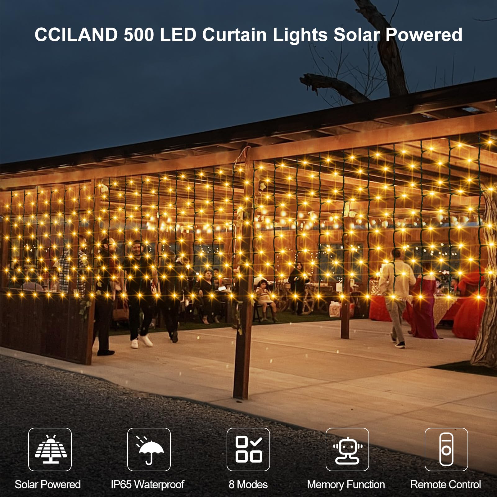 CCILAND Solar Curtain Lights Outdoor 10M x 1M 500 LED Curtain Lights with Remote Control Green Wire Waterfall Fairy String Lights for Garden Patio Fence Gazebo Decor - Image 2