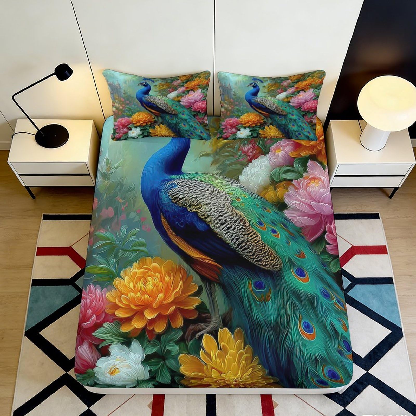 Jqzkxnhpbr Style-5 3D Printed Peacock Floral Fitted Sheet Microfiber Soft Slip-Resistant Mattress Cover For Bedroom Guest Room Decor 90X200x25cm