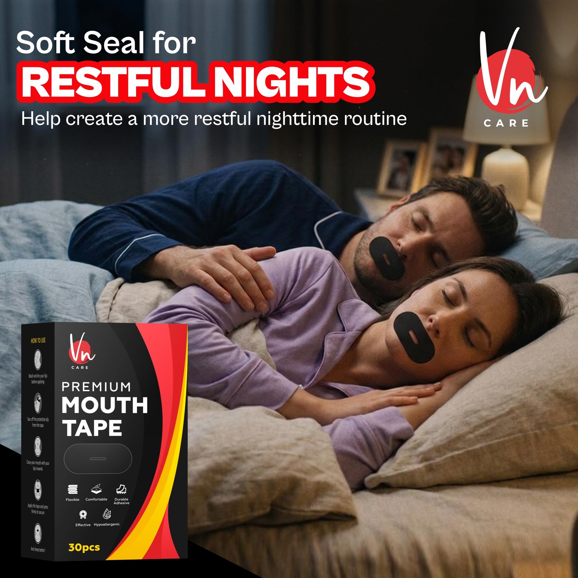Vn care 30 Pcs Mouth Tape for Sleeping Adults – Anti Snoring Sleep Strips, Mouth Breathing Stopper for Nose Breathing & Better Sleep | Hypoallergenic Adhesive, Comfortable Fit | Black Sleep Mouth Tape (Pack of 30) — Amazon image 6