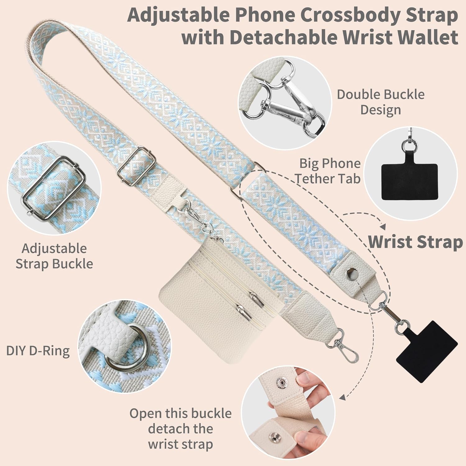 PUGPIU 2 Pack Clip and Go Strap for Phone with Wallet Crossbody - Phone Strap Crossbody with Zippered Pouch, Multifuctional Adjustable Cell Phone Lanyard for Going out
