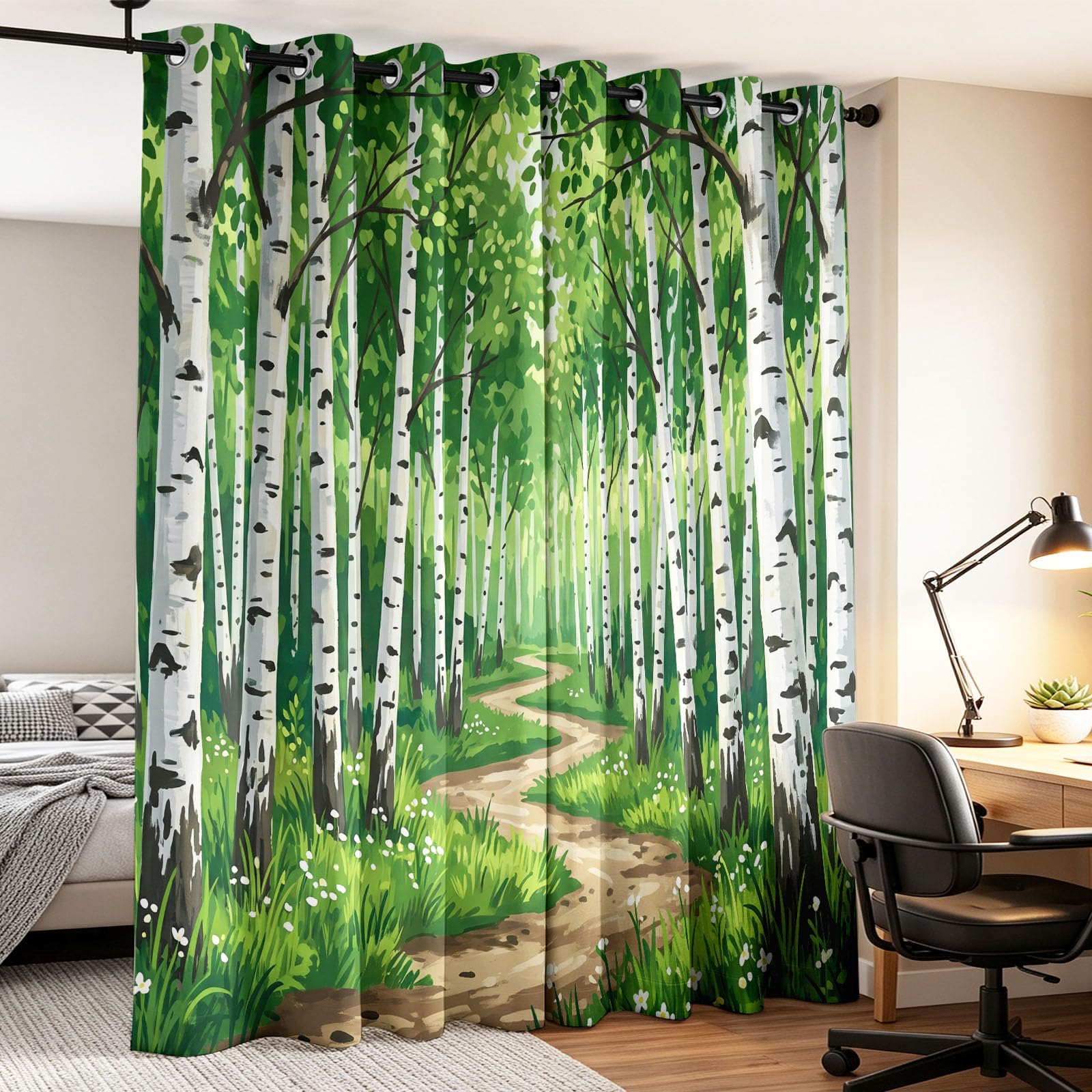 Générique Rideau Occultant Naturel Frais 135 x 245 CM, Forêt Bouleau Rideaux et Draperies pour Enfants Filles Chambre Salon Rideaux de Fenêtre Thermiques Isolants
