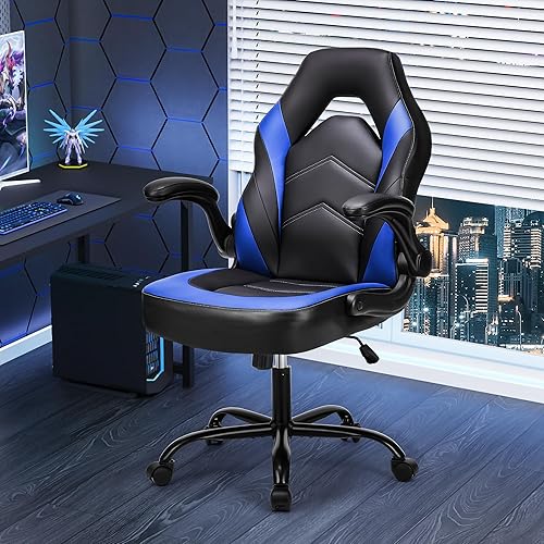 NEWBULIG Computer Gaming Desk Chair - Big Tall Ergonomic Lumbar Support with Flip-up Armrest and 360° Swivel Wheels, PU Leather Height Adjustable, for Home and Office, Blue