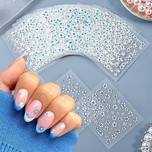 30 Sheets Flower Nail Art Stickers White Flower with Blue