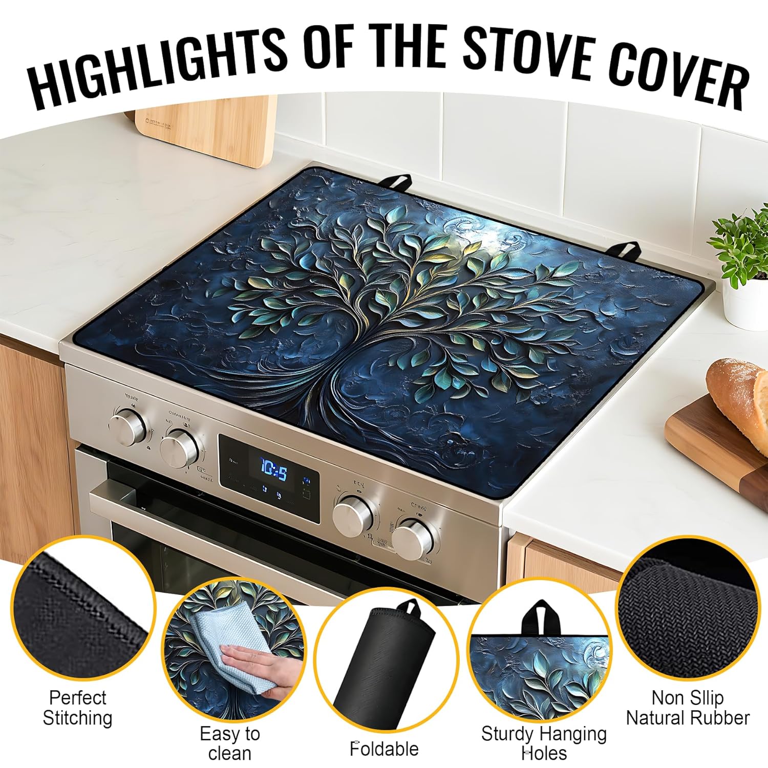 NYZE Stove Cover for Electric and Glass Stove Tops 3-in-1 Stove Mat, Heat Resistant Counter Protector Mat, Non-Slip Surface & Drying Rack (Blue Tree, 28.5"Lx20.5"W)