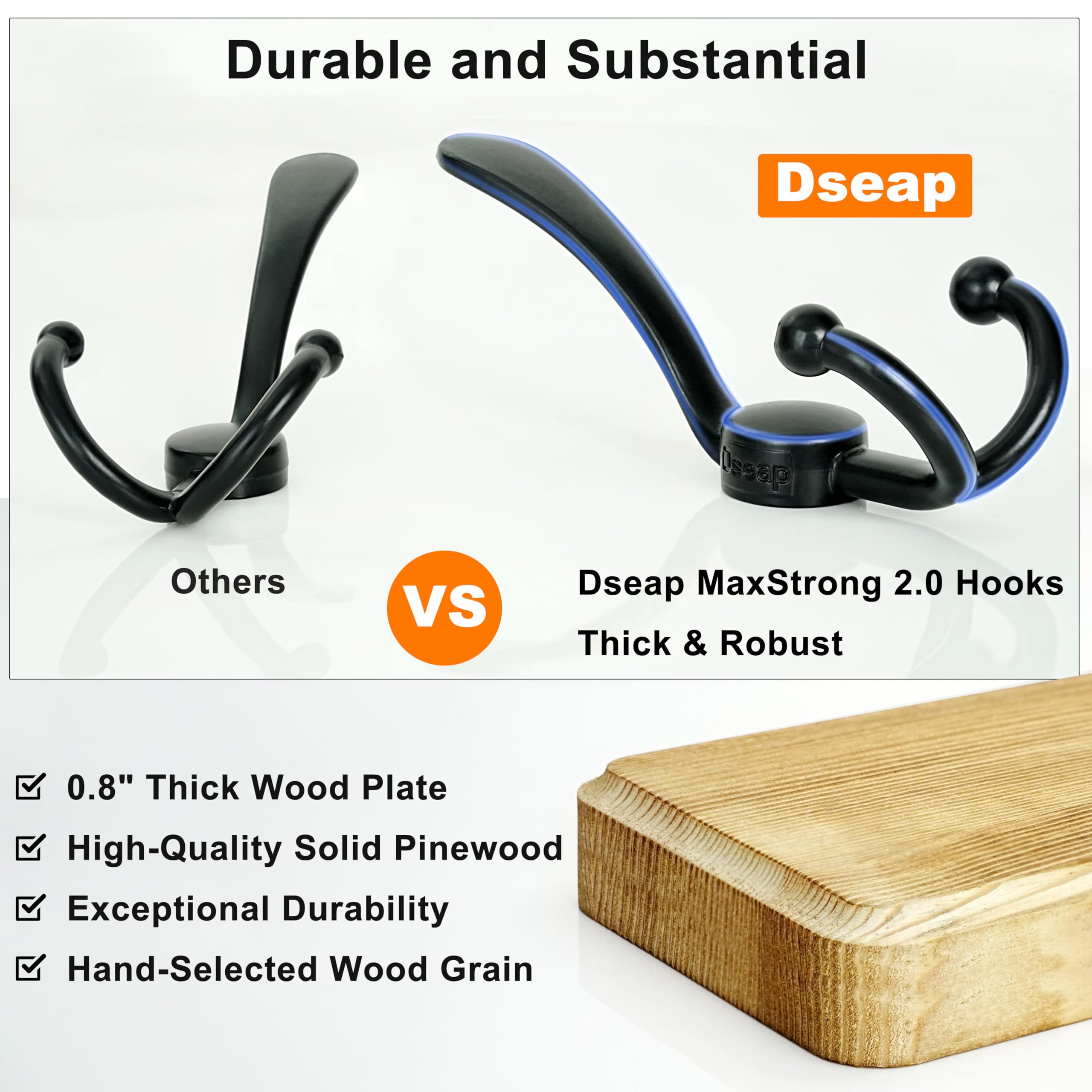 Dseap Coat Rack Wall Mount, 61cm Long, Patented, Heavy-Duty, 6-tri-Hooks - Image 3
