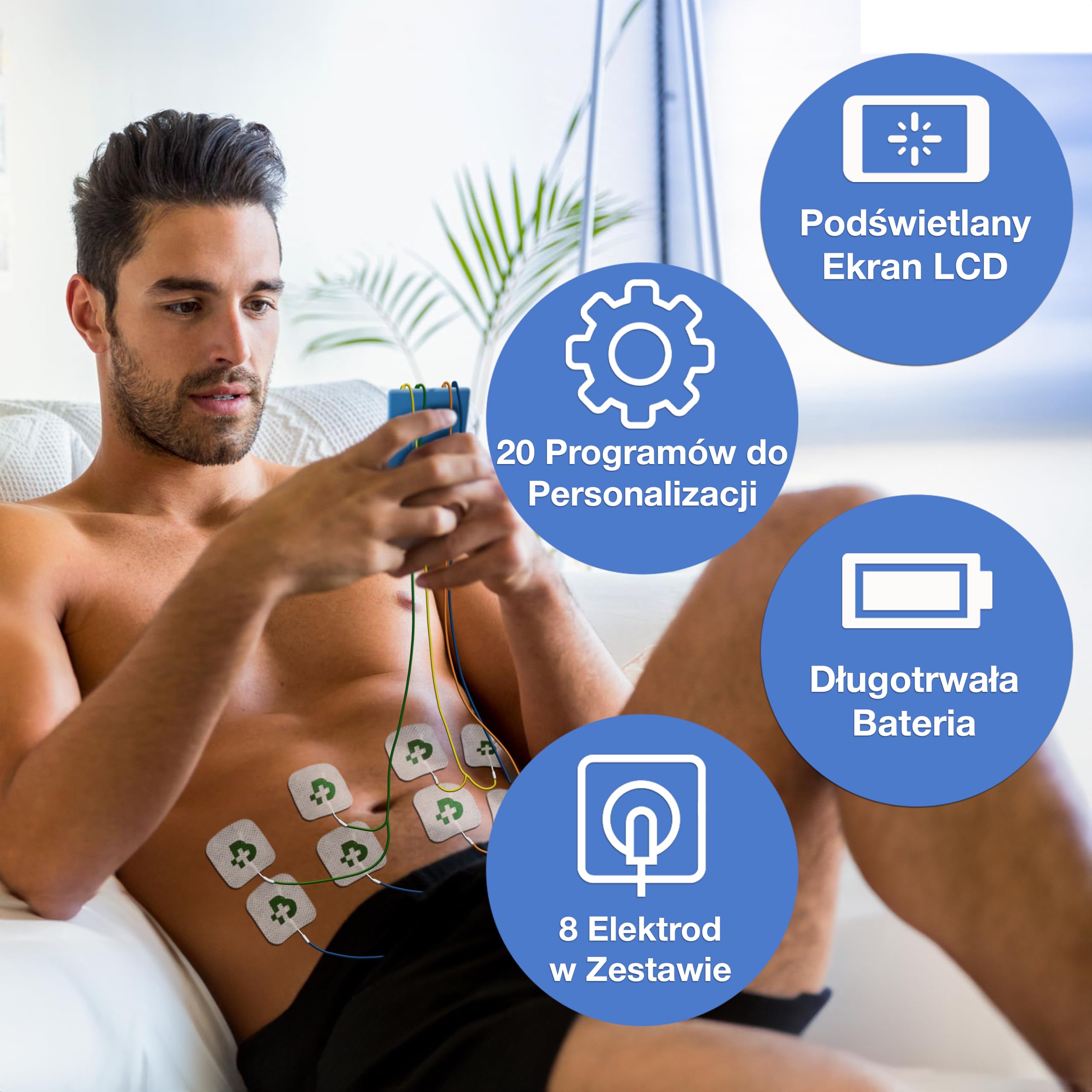 TESMED Max 7.8 TENS, EMS & Massage elektrostymulator, 4 kanały | Z 8 elektrodami do budowy mięśni i elektrostymulacji.
