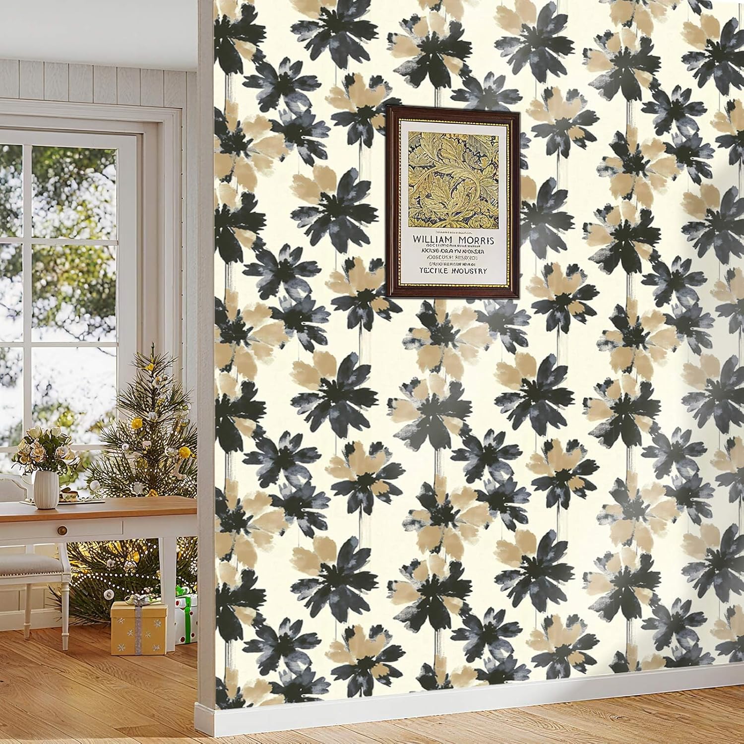 Modern Abstract Floral Peel and Stick Wallpaper – Black and Beige Flower Wallpaper for Home Decor | Self Adhesive Vinyl, 17.7" x 236"