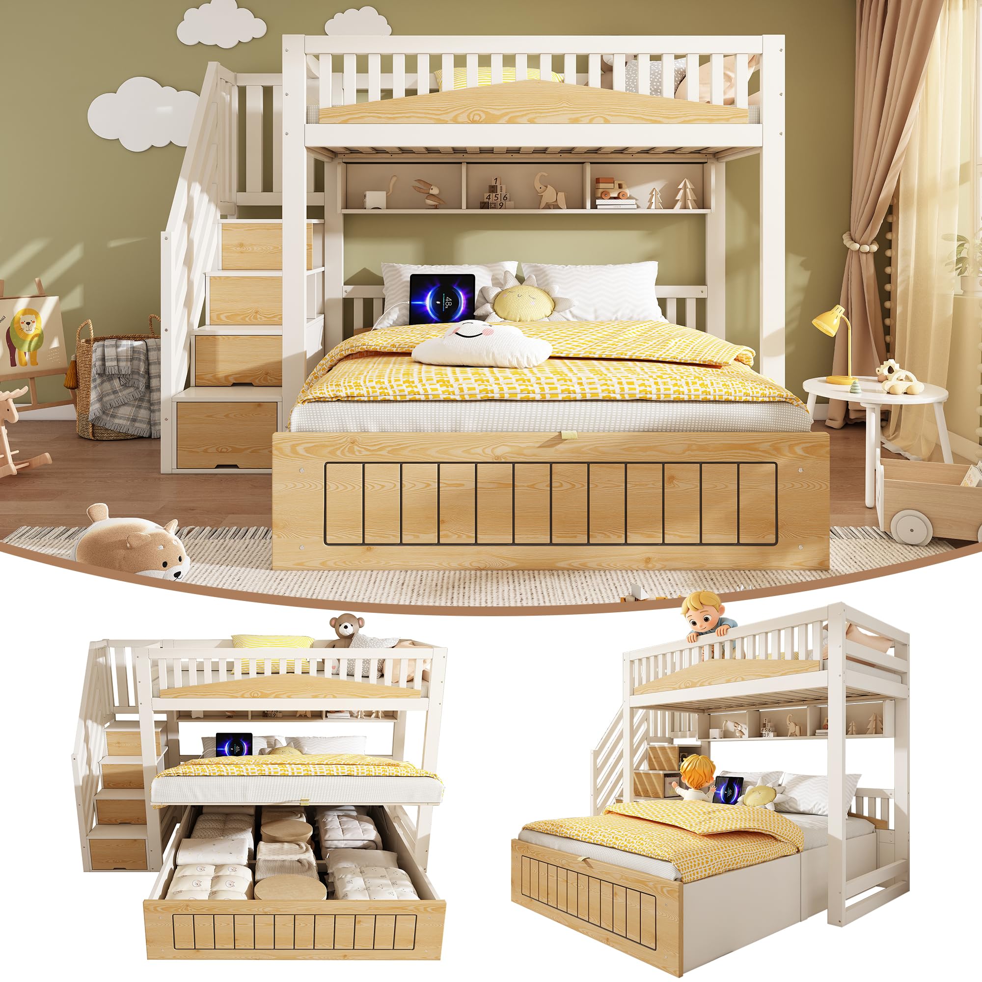 Dolamaní Etagenbett 2 Betten 90x200 & 140x200 cm, Hochbett mit Stauraum Treppe und Rausfallschutz, Untere Ebene mit hydraulischem Stauraumbett, Familienbett, ohne Matratze (Weiß + Natur C)