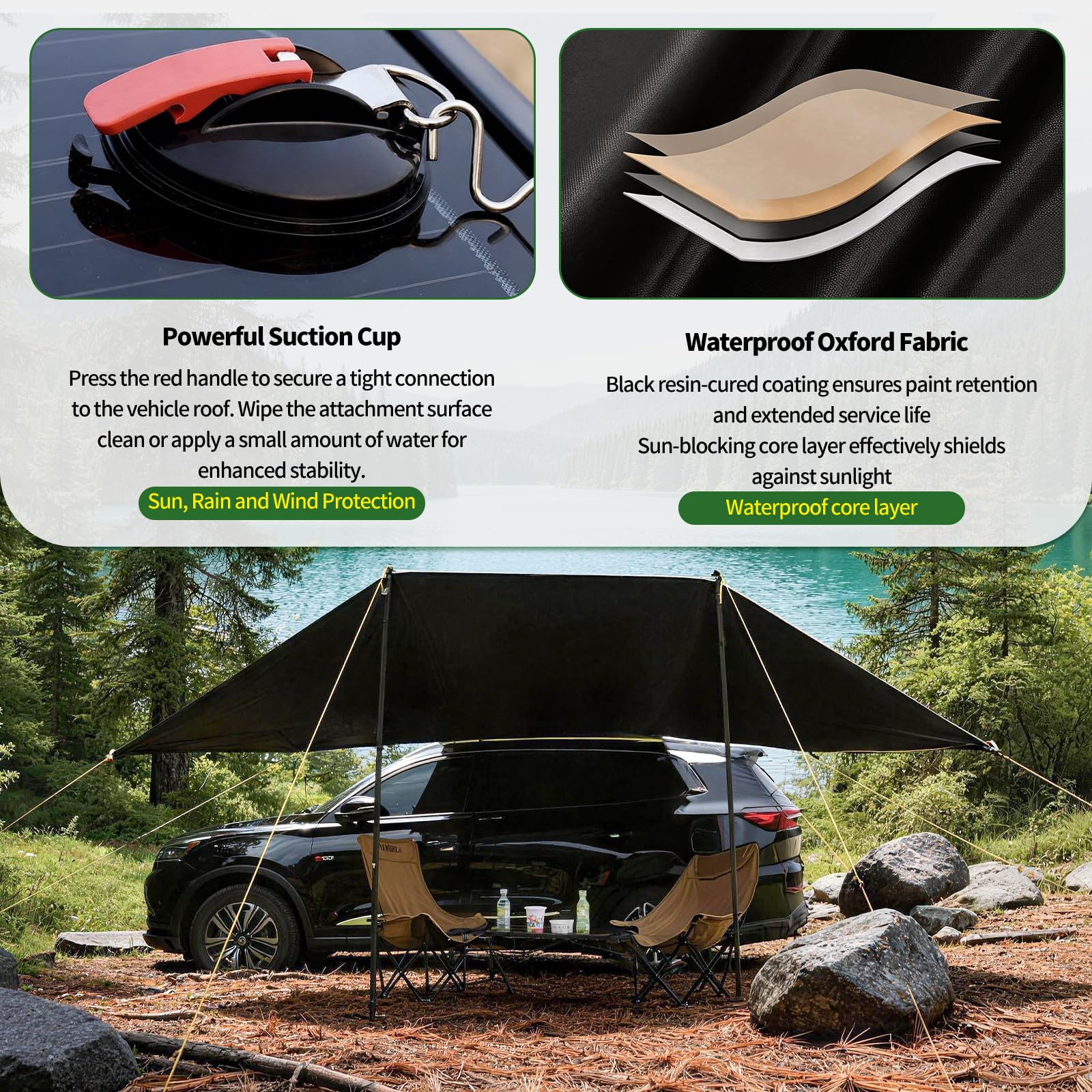Sonnensegel Wohnwagen, Markise Wohnmobil, Sonnenschutz UPF 50+, UV-beständig, Wasserdicht, geeignet für Autos und Wohnmobile, Befestigung mit Saugnapf, leicht zu verstauen