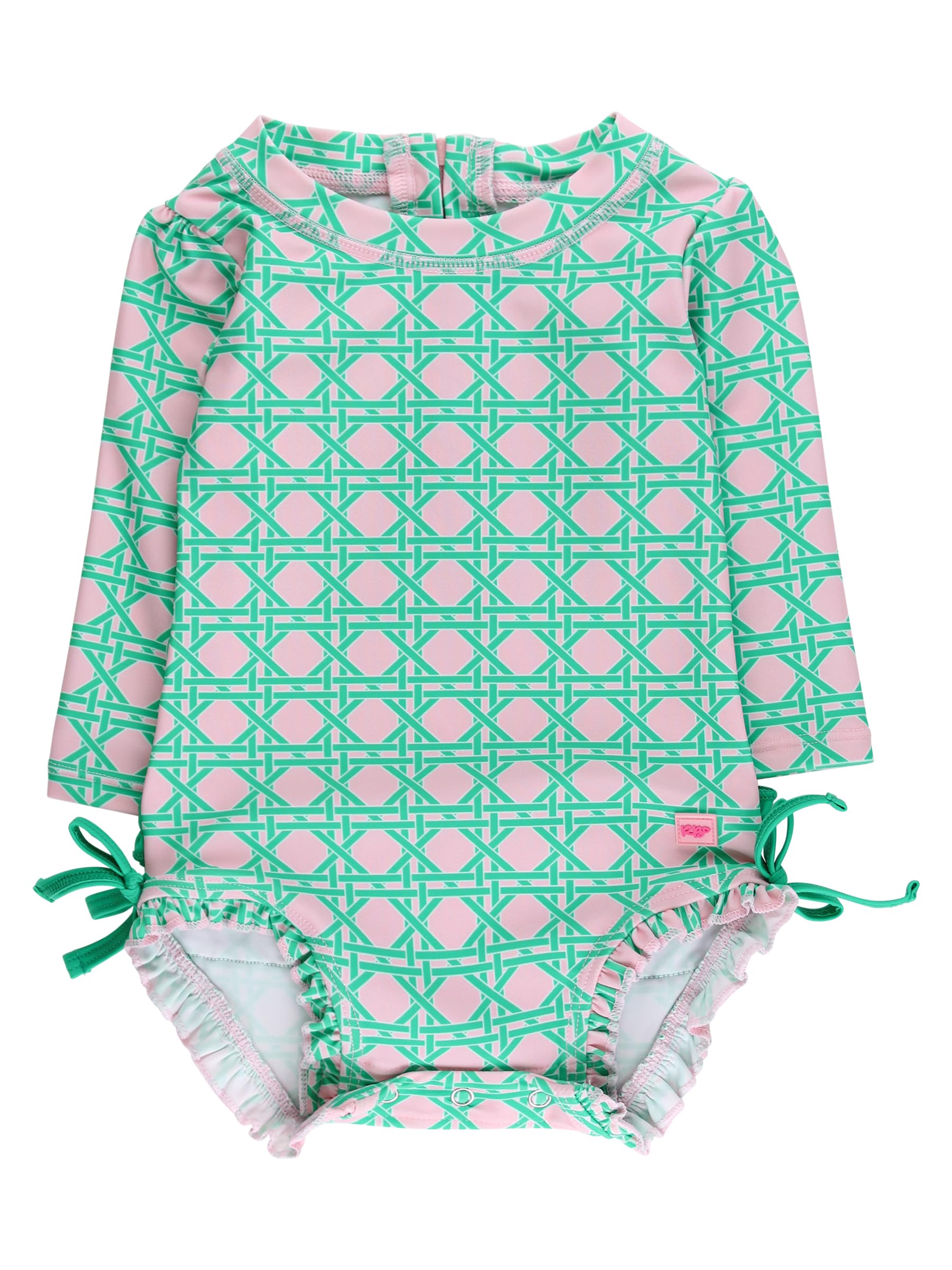 RuffleButts Baby Girls Novelty Baby One Piece - Rash Guard Swimsuit | 80% Nylon 20% Spandex, UPF 50+, Lightweight, Medium Stretch, Full Seat Coverage, Bottom Snaps, Unlined, Infant Beach Swim