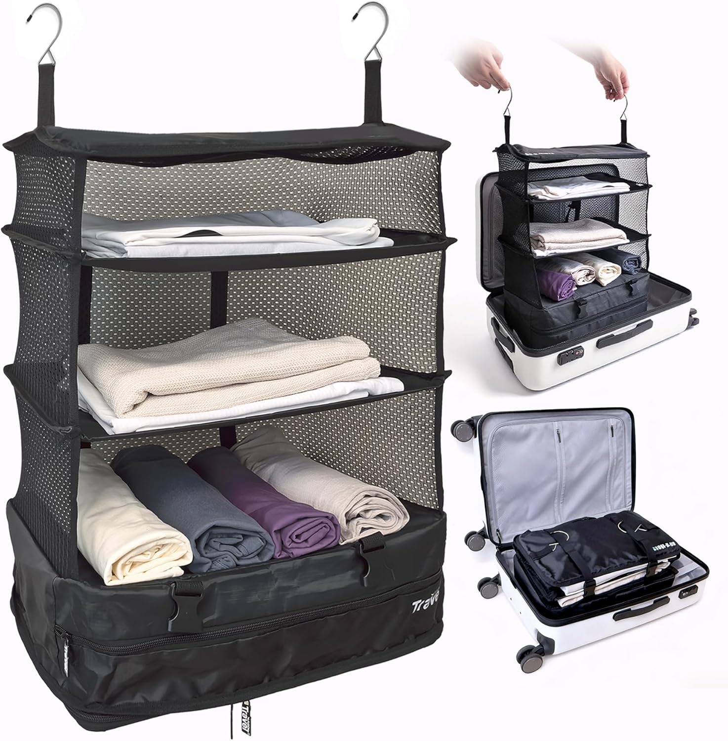 Grand Fusion Stow-N-Go Travel Luggage Organizer – Portable Hanging Travel Shelves, Carry-On Closet Organizer, Hanging Packing Cubes, Collapsible Carry-On Organizer for Cruises & Hotels. Black - XL XL = (L) 17.7" x (W) 11.8" Black - Xl