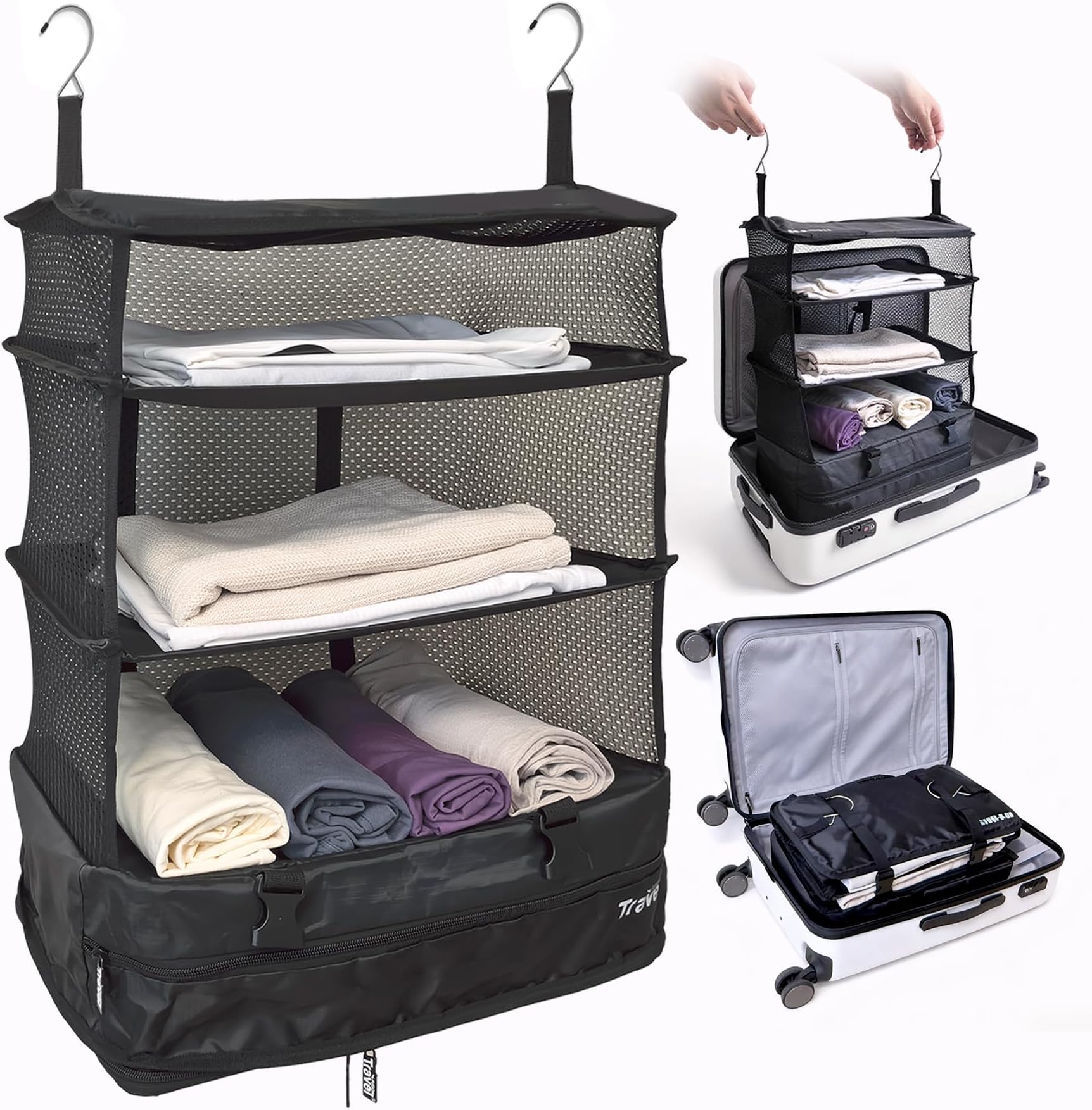 Grand Fusion Stow-N-Go Packing Organizer for Luggage, Portable Hanging Travel Shelves, Carry-On Closet, Hanging Packing Cubes, Collapsible Carry-On Organizer for Cruises & Hotels. Black - XL