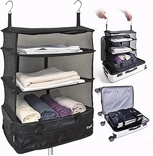 Grand Fusion Stow-N-Go Travel Luggage Organizer – Portable Hanging Travel Shelves, Carry-On Closet Organizer, Hanging Packing Cubes, Collapsible Carry-On Organizer for Cruises & Hotels. Black - XL