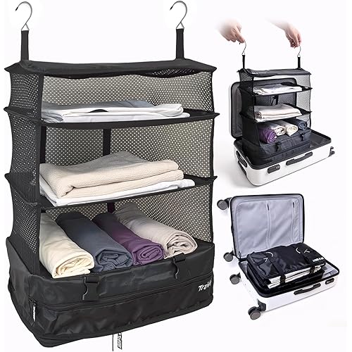 Grand Fusion Stow-N-Go Travel Luggage Organizer – Portable Hanging Travel Shelves, Carry-On Closet Organizer, Hanging Packing Cubes, Collapsible Carry-On Organizer for Cruises & Hotels. Black - XL