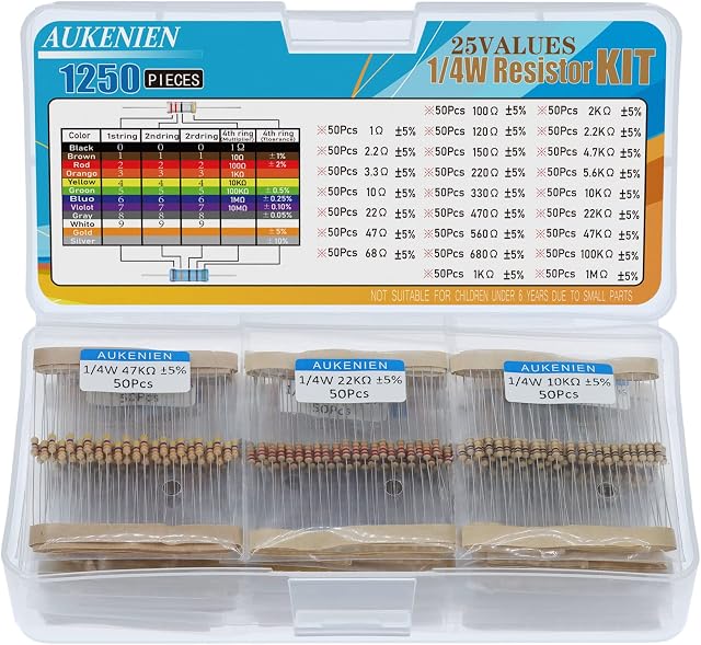AUKENIEN 1250pcs 25 Values 1/4W Carbon Film Resistor Assortment Kit 1 2.2 3.3 10 22 47 68 100 120 150 220 330 470 560 680 1K 2K 2.2K 4.7K 5.6K 10K 22K 47K 100K 1M Ohm 1/4 Watt 5% Resistors Pack
