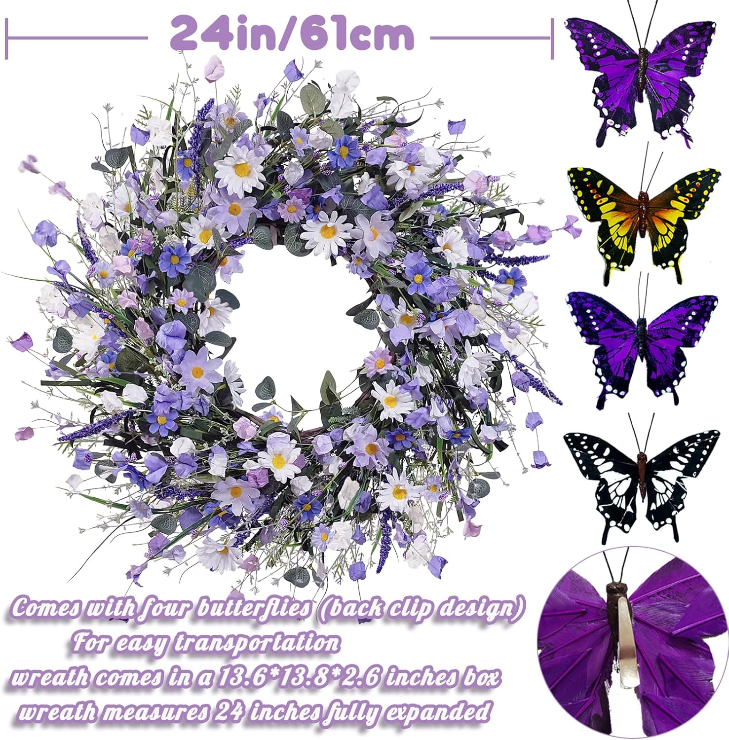 24 Inch Spring Wreath for Front Door, Artificial Summer Wreath with Daisy Lavender and Green Eucalyptus Leaves, Large Flower Wreath with Fake Butterflies for Indoor Outdoor Home Festival Decor