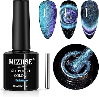 MIZHSE 9D Cat Eye Gel Nail Polish, Dual Colors Blue & Purple Magnetic Gel Polish with Magnet Stick, Magic Chameleon Galaxy Effect Holographic Glitter Silky Cat Eye Nail Polish Soak Off Nail Art Salon